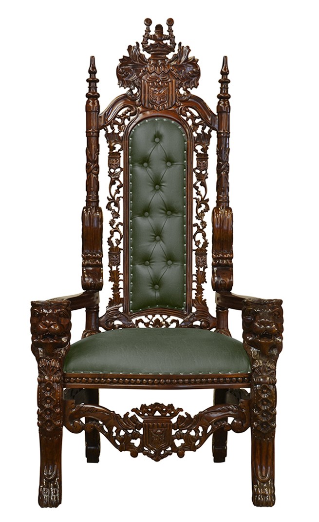 Throne Chair Lion King Solid Mahogany Frame Upholstered in Faux Green Leather