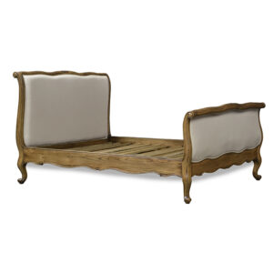 Louis Xv Orleans Sleigh bed in French Oak with Oatmeal Linen Upholstery