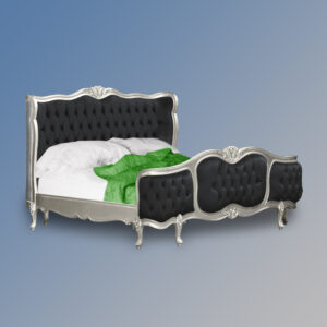 Louis Xv - Esmee Sleigh Bed in Silver Frame and Black Plush Velvet Upholstery