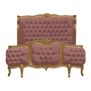Louis Xv - Esmee Sleigh Bed in Gold Frame and Pink Brushed Velvet Upholstery