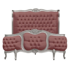 Louis Xv - Esmee Sleigh Bed in Silver Frame and Pink Brushed Velvet Upholstery