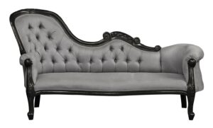 Louis XV Versailles Single End Chaise hand carved from solid mahogany wood Black Frame Grey Upholstery