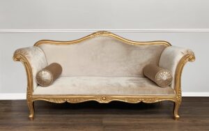 Louis XV Carmeaux Chaise Longue - Gold Leaf Frame with Glamour Sand Velvet Upholstery