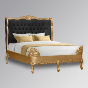 Louis XV Estee Bed in Gold Leaf and Brushed Black Velvet Upholstery