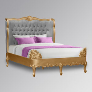 Louis XV Estee Bed in Gold Leaf and Brushed Grey Velvet Upholstery