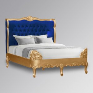 Louis XV Estee Bed in Gold Leaf and Nautical Blue Velvet Upholstery