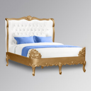 Louis XV Estee Bed in Gold Leaf and Brushed White Velvet Upholstery