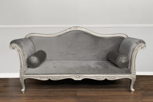 Louis XV Carmeaux Chaise Longue - Silver Leaf Frame with Grey Velvet Upholstery