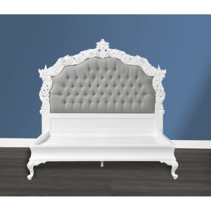 Louis XV Patrice Sleigh Bed in French White and Grey Upholstery