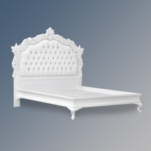 Louis XV Patrice Sleigh Bed in French White and White Faux Leather Upholstery