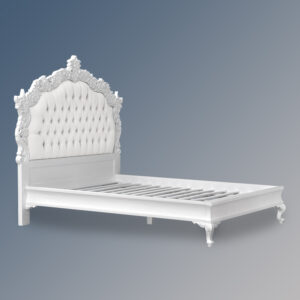 Louis XV Patrice Sleigh Bed in French White and White Faux Leather Upholstery