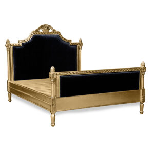Louis XV Longchamp Bed in Gold Leaf and Black Brushed Velvet Upholstery