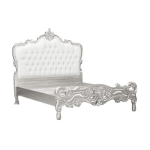 Louis XV Marguerite Sleigh Bed in Silver Leaf and White Faux Leather Upholstery