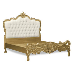 Louis XV Marguerite Sleigh Bed in Gold Leaf and White Faux Leather Upholstery