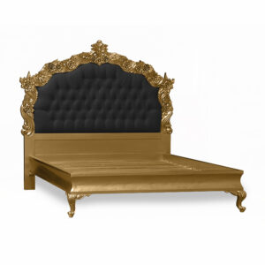 Louis XV Patrice Sleigh Bed in Gold Leaf and Black Brushed Velvet