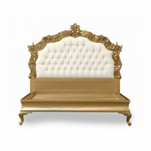 Louis XV Patrice Sleigh Bed in Gold Leaf and White Faux Leather