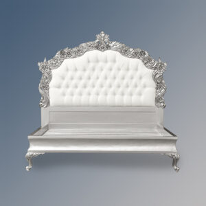 Louis XV Patrice Sleigh Bed in Silver Leaf and White Faux Leather