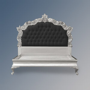 Louis XV Patrice Sleigh Bed in Silver Leaf and Black Brushed Velvet