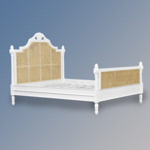 Louis XV Longchamp Sleigh Bed in French White and Natural Rattan