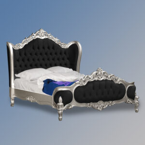 Louis XV Eloise Sleigh Bed in Silver Leaf and Black Brushed Velvet