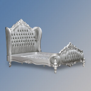 Louis XV Eloise Sleigh Bed in Silver Leaf and Grey Brushed Velvet