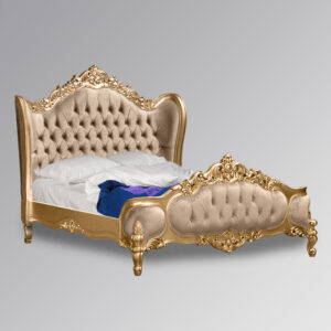 Louis XV Eloise Sleigh Bed in Gold Leaf and Glamour Brushed Velvet