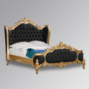 Louis XV Eloise Sleigh Bed in Gold Leaf and Black Brushed Velvet
