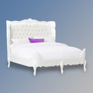Louis XV Estee Bed in French White and White Faux Leather Upholstery