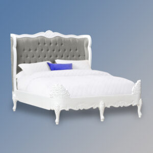 Louis XV Estee Bed in French White and Grey Brushed Velvet Upholstery