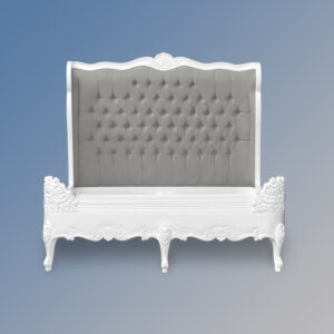 Louis XV Estee Bed in French White and Grey Brushed Velvet Upholstery