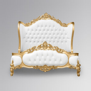 Louis XV Eloise Sleigh Bed in Gold Leaf and White Faux Leather