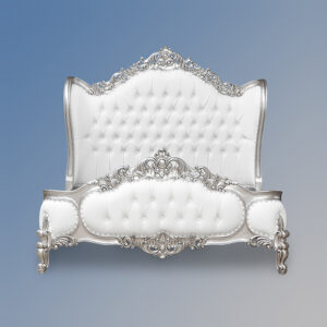Louis XV Eloise Sleigh Bed in Silver Leaf and White Faux Leather