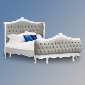 Louis XV - Violette Sleigh Bed in French White Frame and Grey Twill