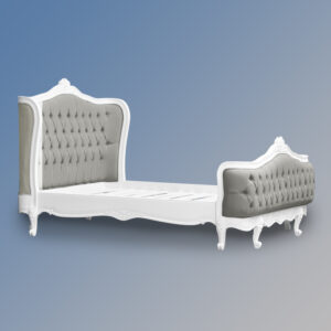 Louis XV - Violette Sleigh Bed in French White Frame and Grey Twill