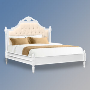 Louis XV Longchamp Bed in French White and Cream Twill Upholstery