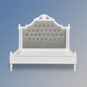 Louis XV Longchamp Bed in French White and Grey Twill Upholstery