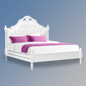 Louis XV Longchamp Bed in French White and White Faux Leather Upholstery