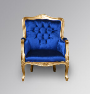 Versailles Gold Wing Chair in Nautical Blue Brushed Velvet Upholstery