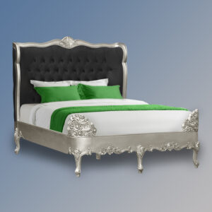 Louis XV Estee Bed in Silver Leaf and Black Brushed Velvet Upholstery