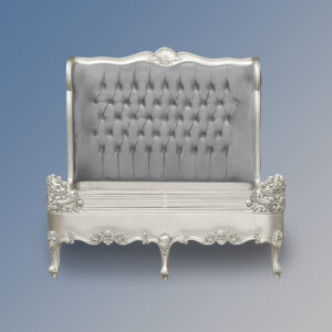 Louis XV Estee Bed in Silver Leaf and Grey Brushed Velvet Upholstery