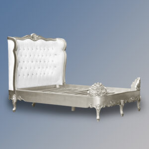 Louis XV Estee Bed in Silver Leaf and White Faux Leather Upholstery