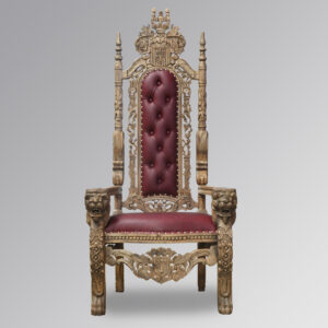 Throne Chair - Lion King - Antique Mahogany Frame Upholstered in Oxblood Faux Leather