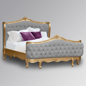 Louis XV - Violette Sleigh Bed in Gold Leaf Frame and Grey Brushed Velvet
