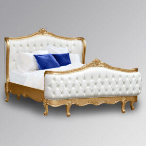 Louis XV - Violette Sleigh Bed in Gold Leaf Frame and White Faux Leather