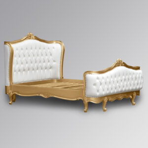 Louis XV - Violette Sleigh Bed in Gold Leaf Frame and White Faux Leather