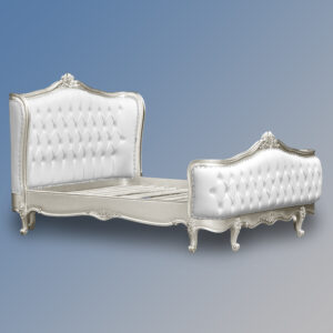 Louis XV - Violette Sleigh Bed in Silver Leaf Frame and White Faux Leather