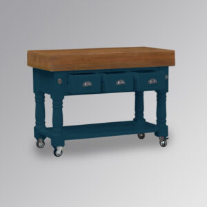 Butcher Block Kitchen Island with Three Drawers with Brass Handles and Castors - Hague Blue Colour