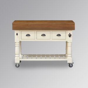 Butcher Block Kitchen Island with Three Drawers with Brass Handles and Castors - French Ivory Colour