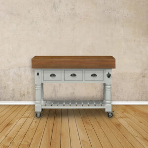 Butcher Block Kitchen Island with Three Drawers with Brass Handles and Castors - Grey Colour