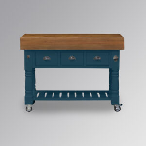 Butcher Block Kitchen Island with Three Drawers with Brass Handles and Castors - Hague Blue Colour